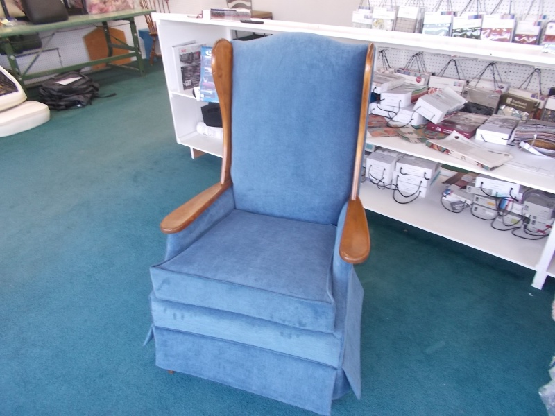 blue chair with wood wingback